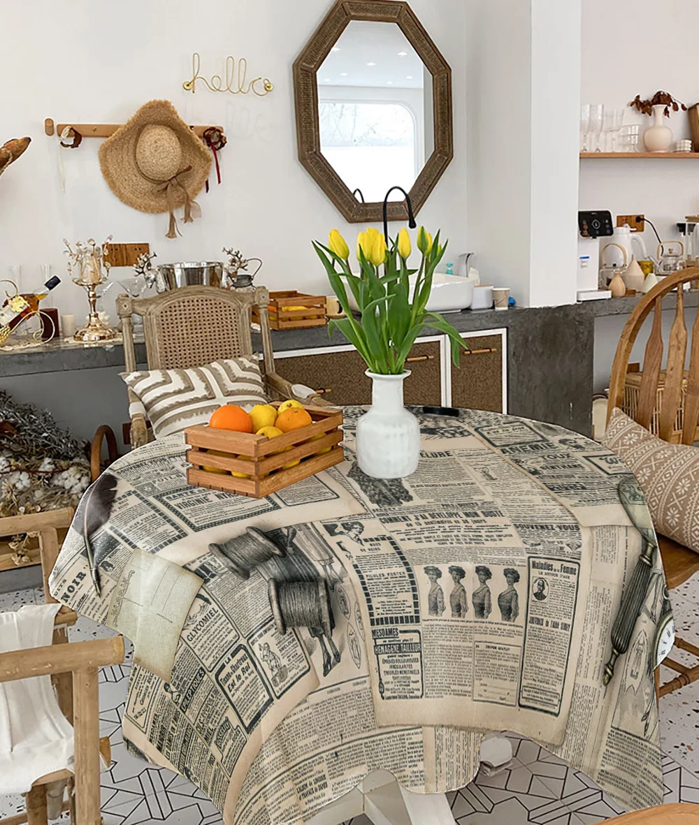 European Retro Old Newspaper Round Tablecloth Waterproof Wedding Table Decor Tablecloth Kitchen Dinning Table Cover image 3