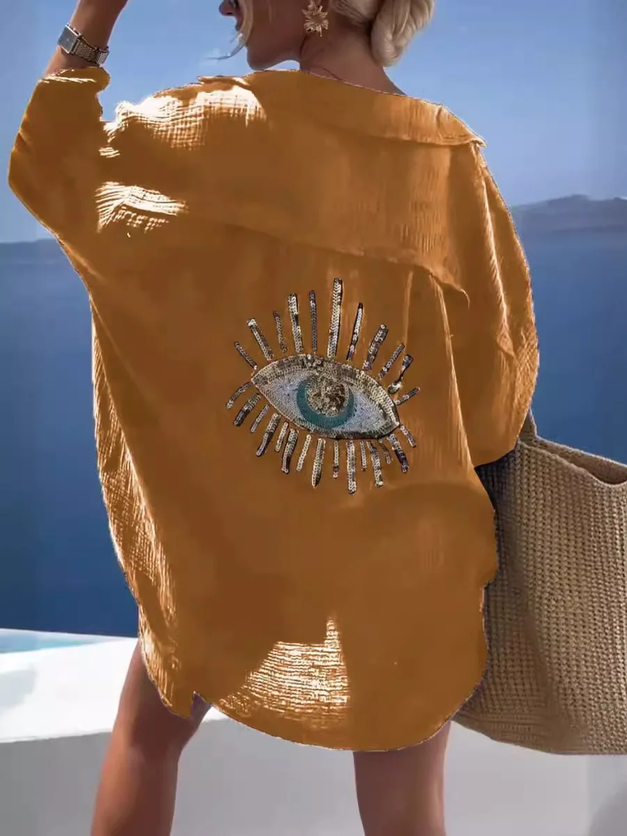 Women Evil Eye Sequin Print Loose Shirt 3/4 Sleeve V Neck Crinkled Blouse Summer Beach Cover Up Casual Oversized Tunic Top