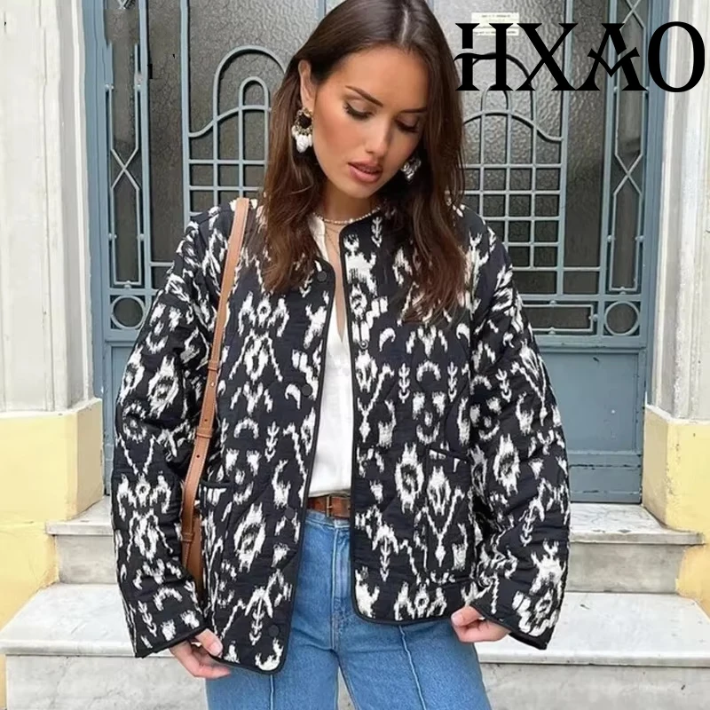 

HXAO Coats For Woman Print Short Padded Jacket Vintage Long Sleeve Woman's Quilted Jacket Autumn Winter Cropped Jacket Outerwear