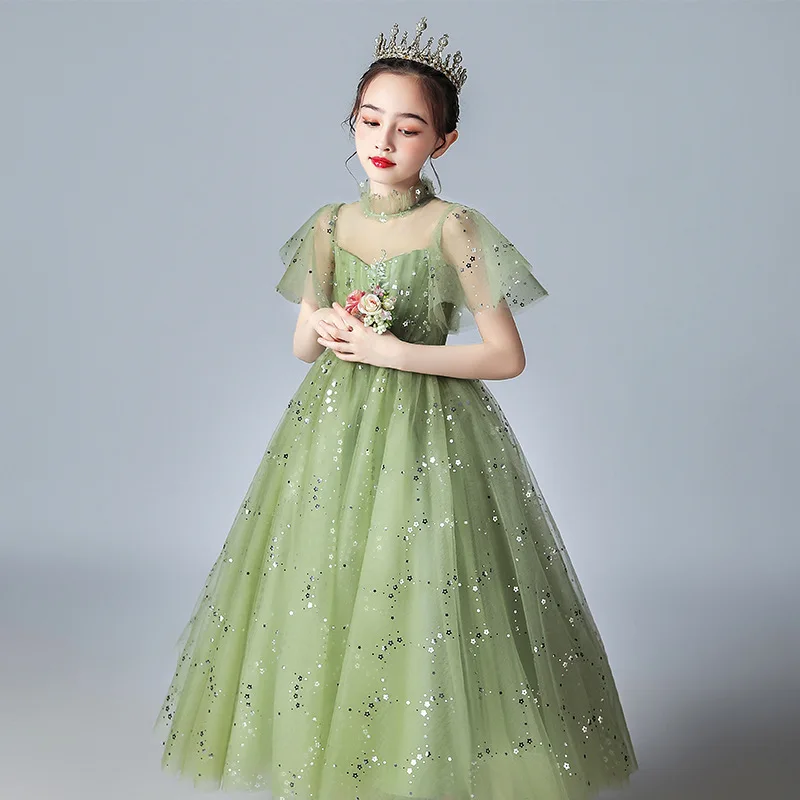 Meninas Green Lace Tulle Elegante Princesa Saia Longa Flor Menina Casamento Aniversário Festa Vestidos Piano Play Host Vestido De Noite