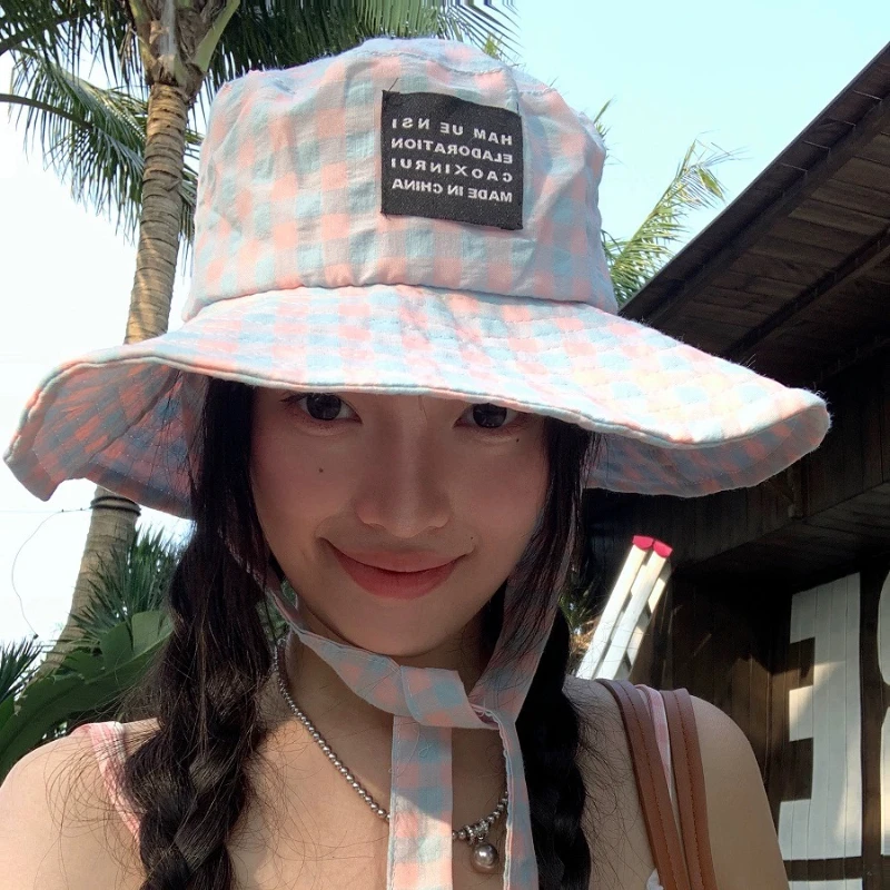 Ins Blogger Retro Plaid Tie Strap Bucket Hat Women Summer Travel Versatile Fisherman Hat Girls Fashion Popular Wide Brim Sun Cap
