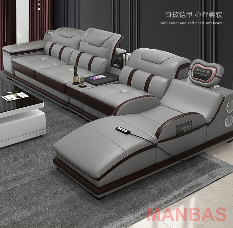 MANBAS Italian Genuine Leather Sectional Sofa with Bluetooth, Speaker, Functional Headrest, Massage Chaise L Shape Corner Sofas