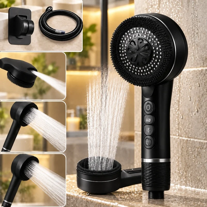 Adjustable Four-Mode Shower Head for Bathroom Use with Integrated Filter and Water Flow Regulation