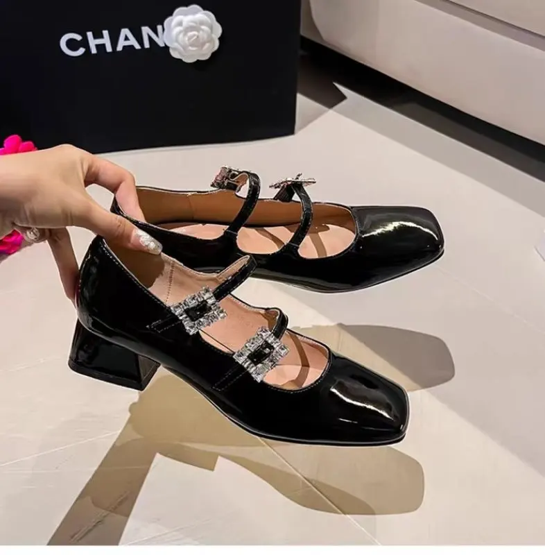 

Summer Plaid Cloth Crystal Buckle Strap High Heels Mary Jane Leather Lining Square Toe Thick Heels Dress Shoes Women's Pumps New