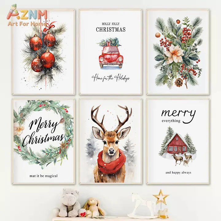 AZNM Frameless Canvas Poster Watercolor Christmas Deer Red Car Wreath Print, Merry Christmas Floral Bauble Wall Art Picture for