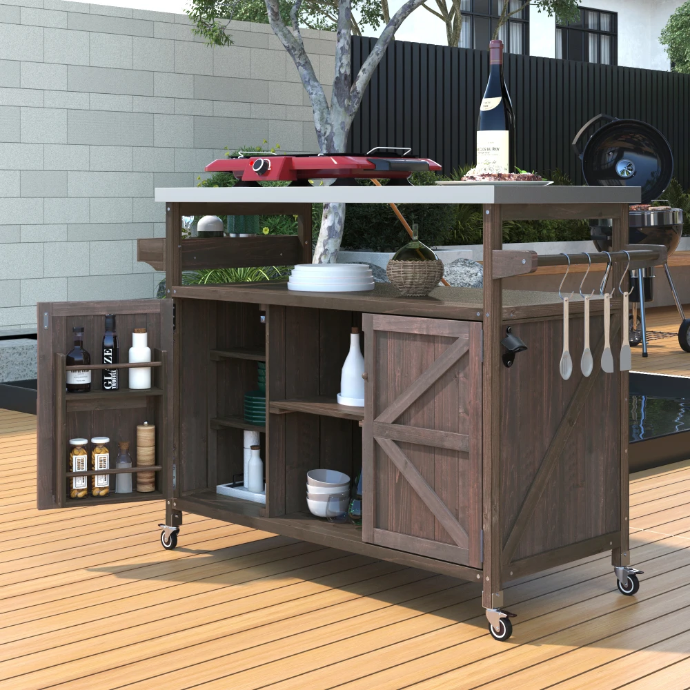 

K&K Outdoor Kitchen Island: Rolling Cart, Solid Wood Grill Table, Steel Top, Spice&Towel Racks, Dark Brown