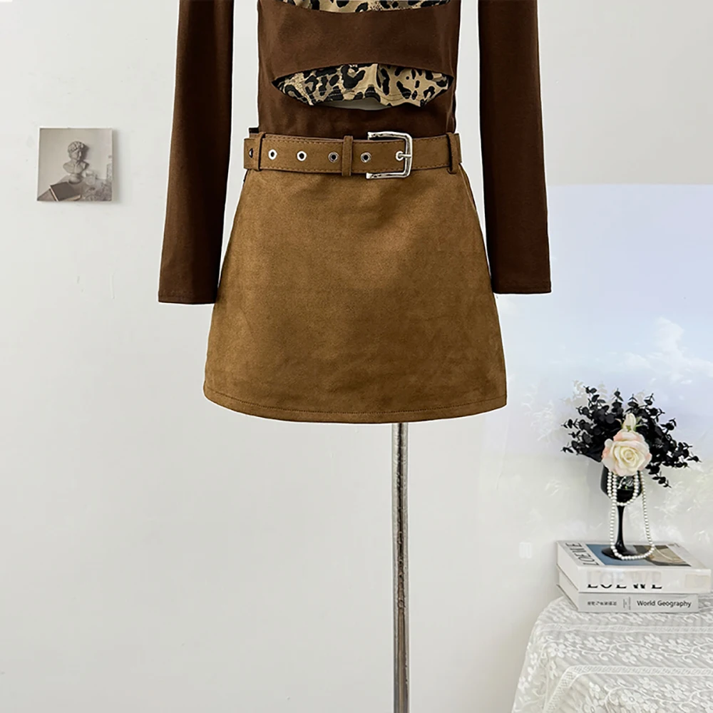 Faux Suede Vintage Skirts French Spicy Girl Solid Color A-Line Mini Skirt Autumn Winter Temperament High Waist All-Match Skirts