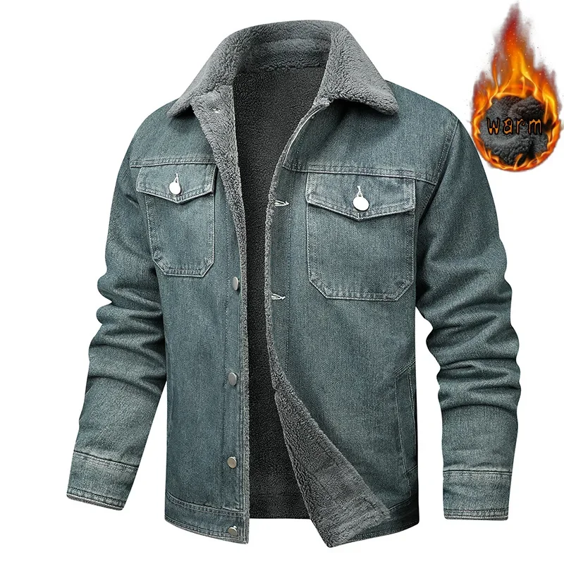 Men's Autumn Winter Denim Jacket Korean Style Thick Fleece Lined Lapel Collar Washed Cotton Fashion Casual Male Jacket Warm Wind