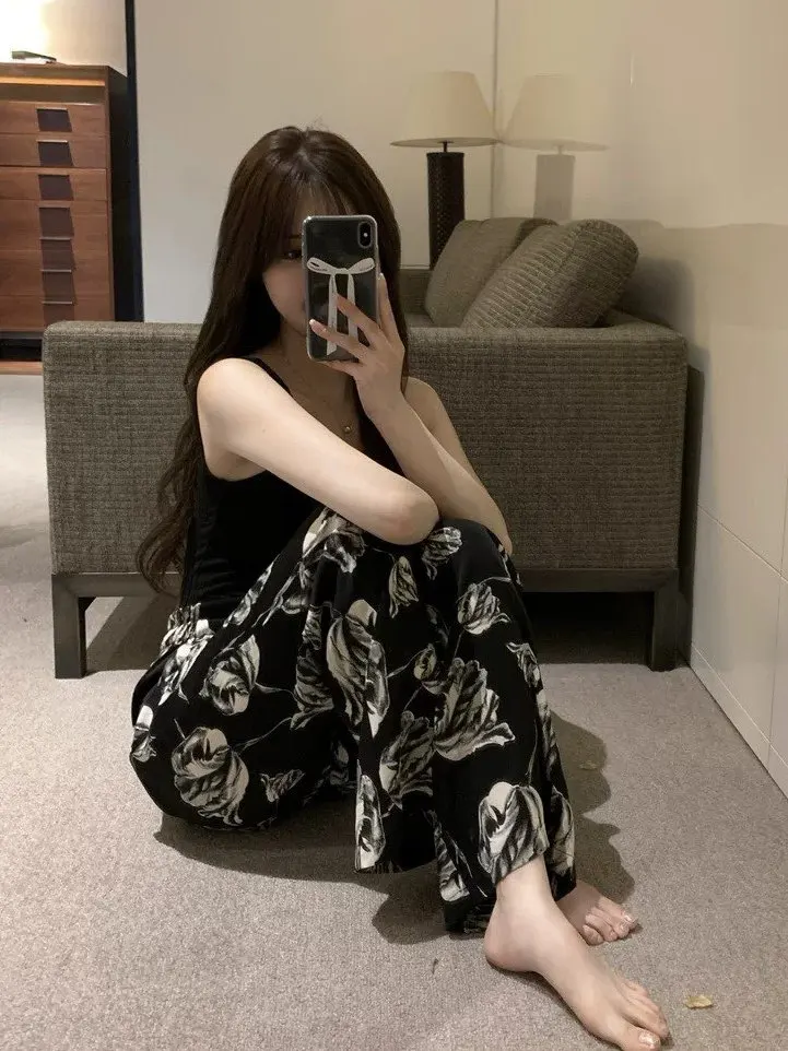 アウトドアウェア花柄スリミングベスト胸パッド付きワイドレッグパンツカジュアルホーム服パジャマ快適で通気性のある