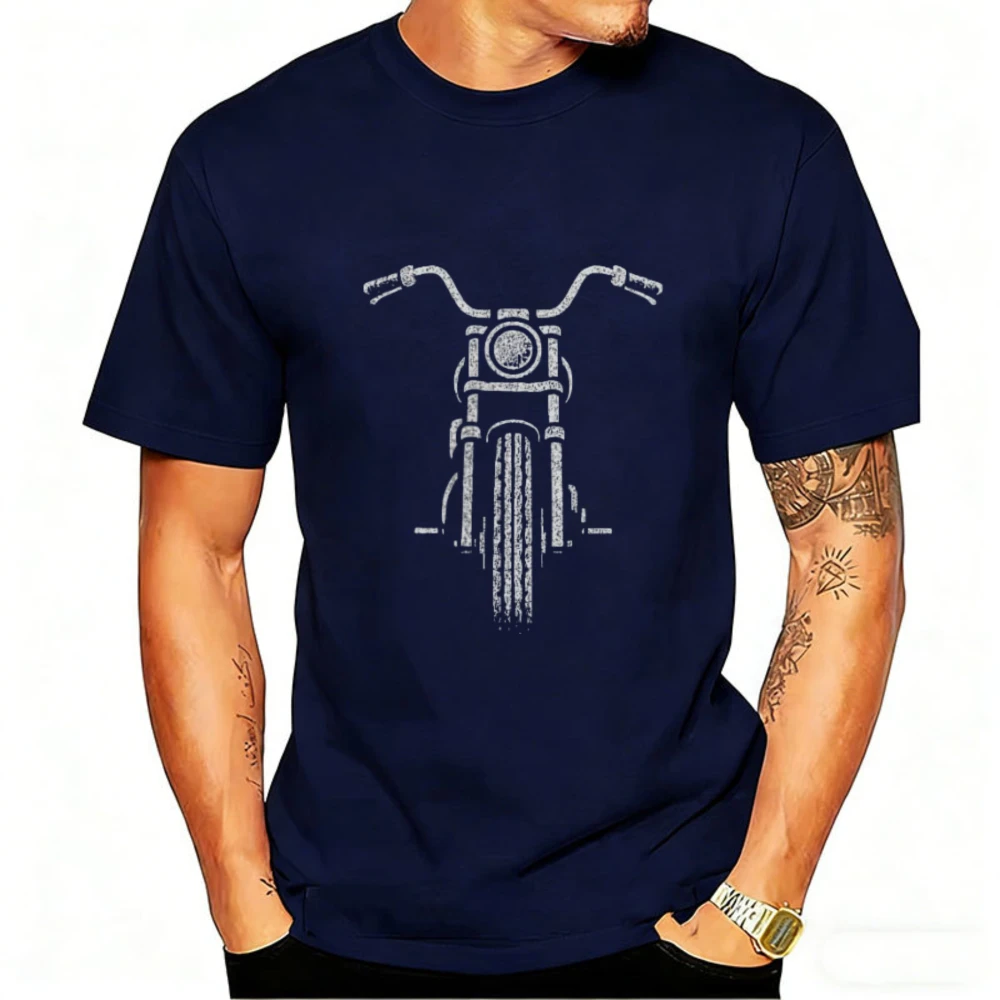Front View Motorcycle T-Shirt Men Vintage Bike Front Wheel Handlebar Graphic Tee Casual Biker Rider Short Sleeve Navy Blue Top
