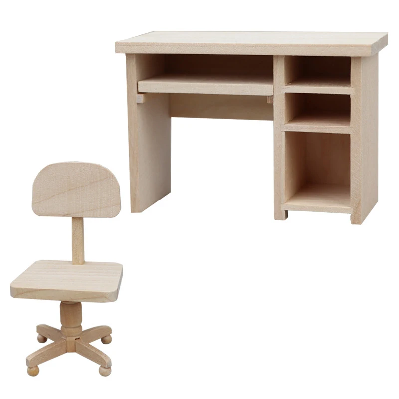 Set di giocattoli per mobili in legno in miniatura per casa delle bambole in scala 1:12 per accessori per casa delle bambole Mini modello di sedia da scrivania per computer da pranzo