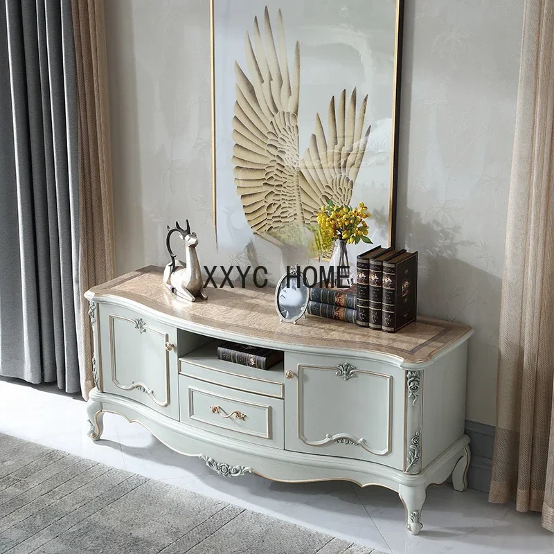 أثاث على الطراز الأوروبي خزانة تلفزيون من الخشب الصلب لغرفة المعيشة شريط سحب مصقول خزانة أرضية متعثرة