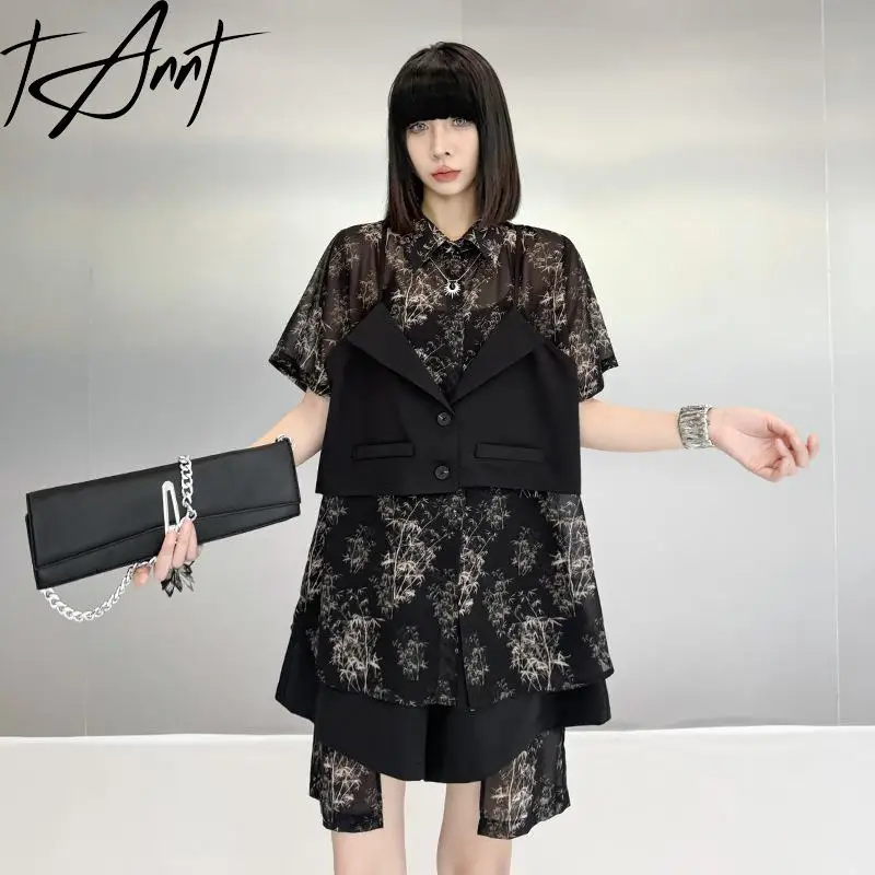 Tannt Set di pantaloni da donna Asimmetria Camicia in due pezzi finta Top Moda irregolare Pantaloni corti a vita alta Abiti a due pezzi 2025 Nuovo