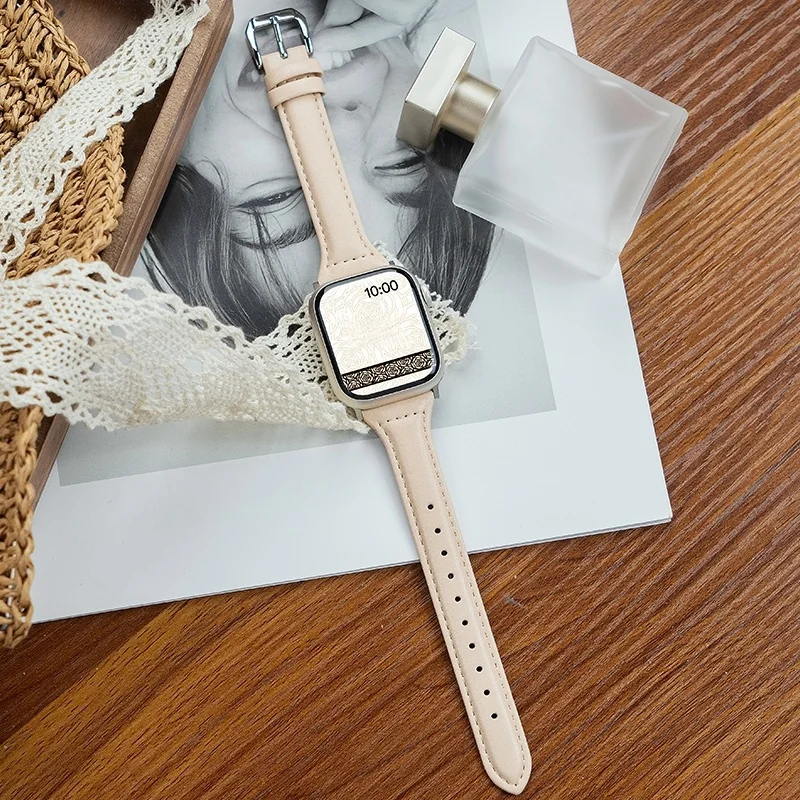 Slim Leather Strap for Apple Watch Band 44mm 40 41 45 38 49 42 46mm Women Bracelet IWatch Series 12 11 10 9 8 7 6 5 4 SE Ultra 2
