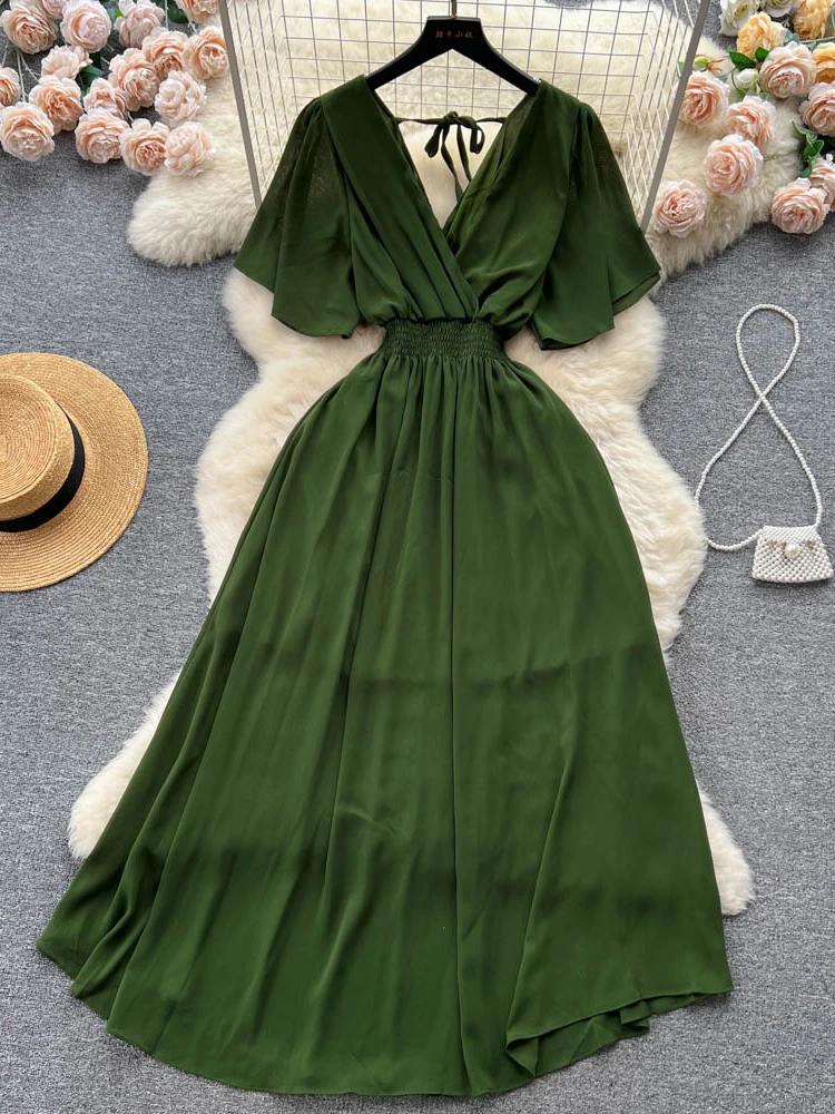 الربيع الصيف المرأة مثير الخامس الرقبة فستان طويل عطلة الشاطئ أنيقة أحمر/أسود/أخضر قصيرة الأكمام ألف خط عارية الذراعين ماكسي Vestidos جديد