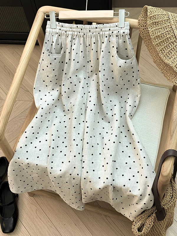 Elegant Polka Dot Wide Leg Pants Women's Summer New Loose Drape Elastic Waist Cuffed Casual Nine Point Pants Vintage Style