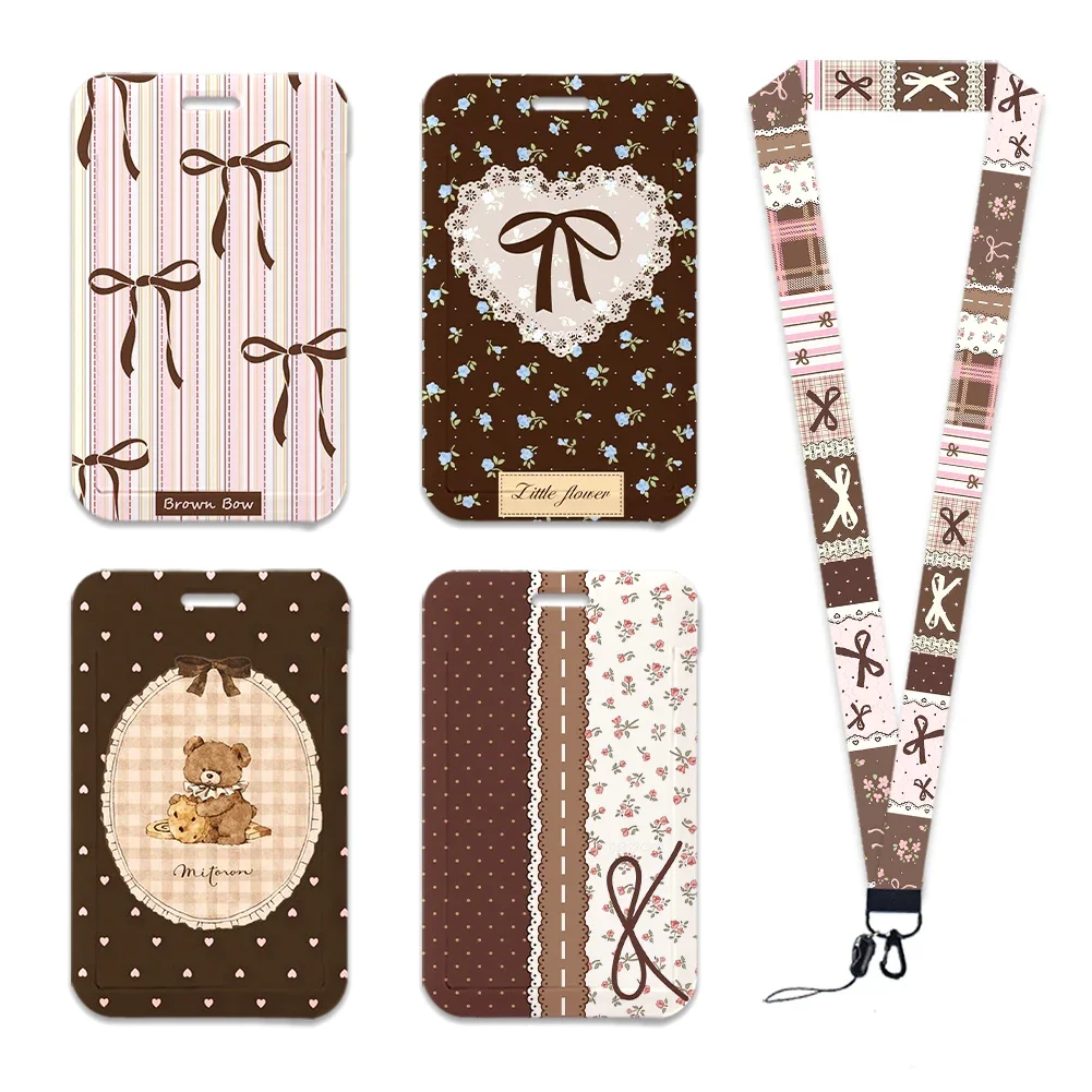 Fashion Brown Sweet Cool Style ID Card Holder Badge Work Pass with Lanyard Keychain Nurses Doctors Gift