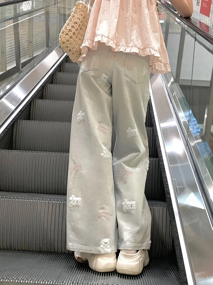 

Light Blue Embroidered Bear Straight Leg Jeans Women's Summer Design Slimming Wide Leg Pants Small Stature Long Trousers