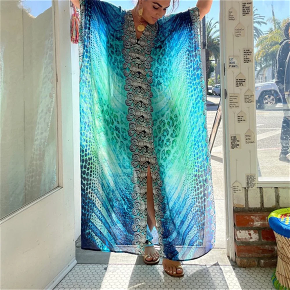 2022 New Boho Style Maxi Dress stampa costume da bagno Cover-Up abito bohemien Robe Plage Kaftan abito lungo Beach Wear tuniche