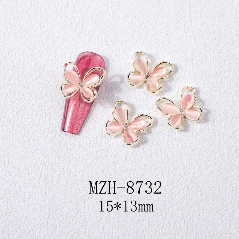 10 Pcs 3D Butterfly Nail Art Jewelry Charms Rose Gold/Silver/Gray Crystal Rhinestones 13*15mm Alloy Opal Nail Parts Accessories