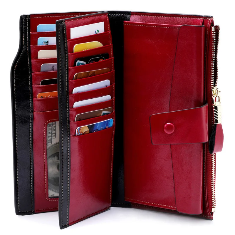 Fashion Genuine Leather Women Wallet Female Cell Phone Pocket Long Women Purses Hasp Oil Wax Leather Lady Coin Purse Card Holder