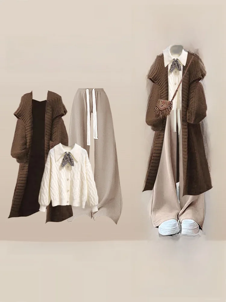 

Ретро-комплект из двух предметов: свободное вязаное пальто и прямые брюки с высокой талией для женщин, зимний, повседневный, с длинными рукавами, удобный