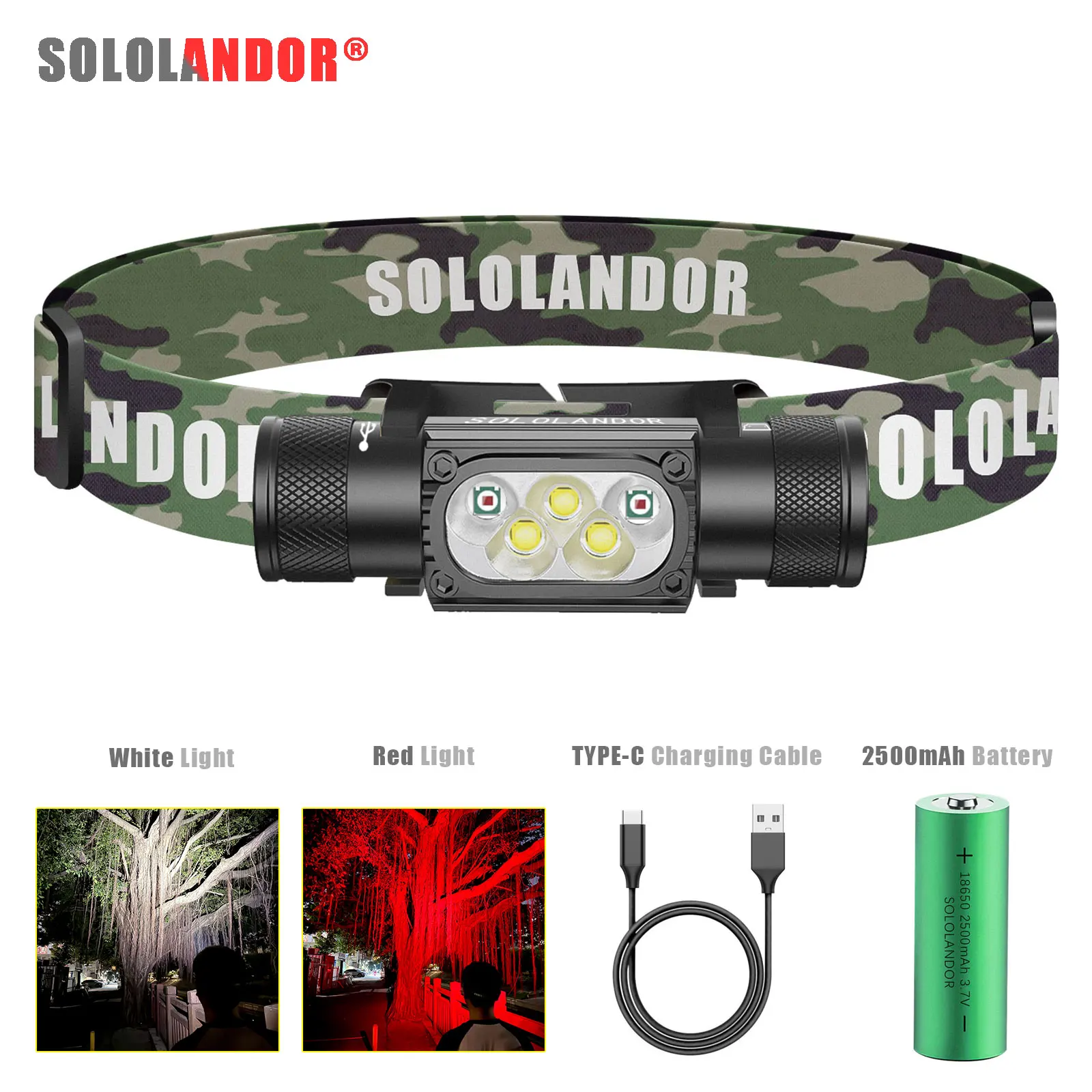 1PC SOLOLANDOR White Red LED Headlight USB Type-C Flashlight 18650 Battery Memory Headlamp Hunting Head Light Beekeeping Lamp