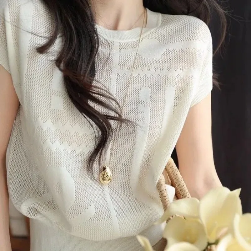 

Женская летняя вязаная блузка с ажурным жаккардовым узором из ледяного шелка, свободного кроя, с рукавами «летучая мышь»