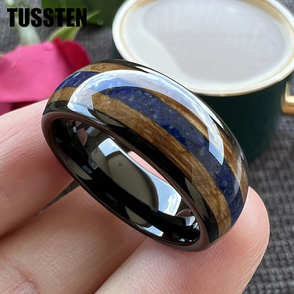 

Dropshipping TUSSTEN 8MM Wedding Band Men Women Tungsten Blue Opal Ring New Arrivals With Whisky Wood Inlay Comfort Fit