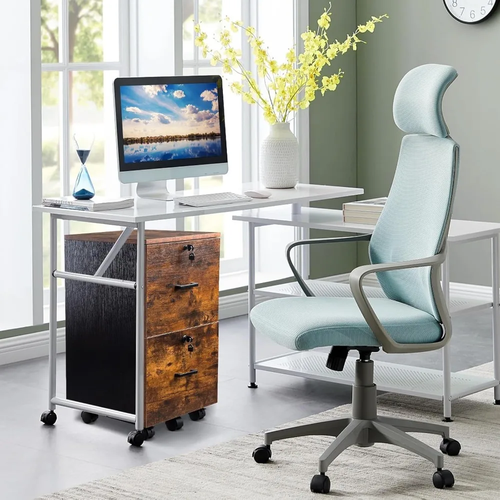 Small Rolling 2-Drawer Wood File Cabinet with Lock, Letter Size Hanging Filing System, Mobile Under Desk Storage Solution