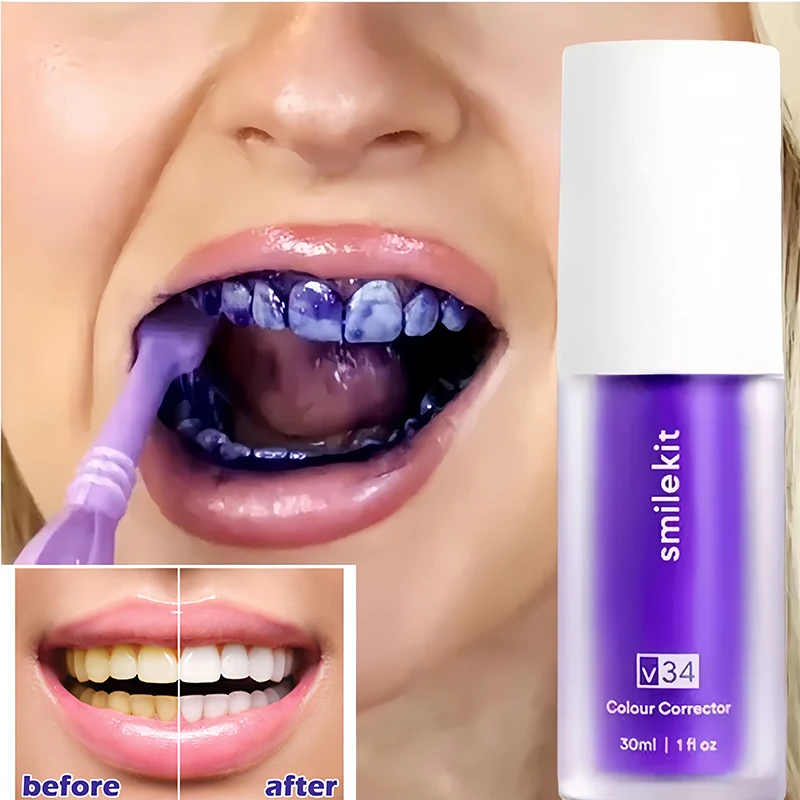 V34 SMILEKIT Purple Whitening Toothpaste Remove Stains Reduce Yellowing Care For Teeth Gums Fresh Breath Brightening Teeth 30ml