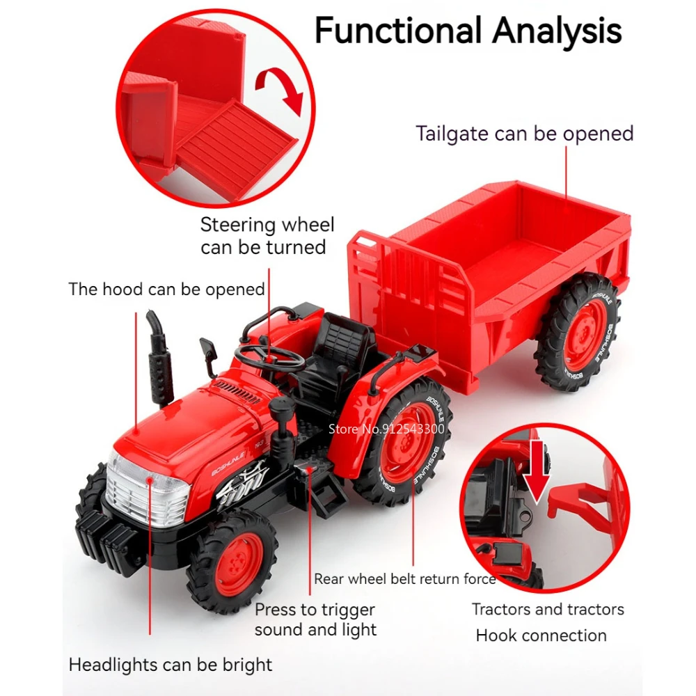 Scale 1/32 Toy Model Car Round Head Alloy Agricultural Tractor with Bucket Models Sound Light Collection Display Gift for Friend