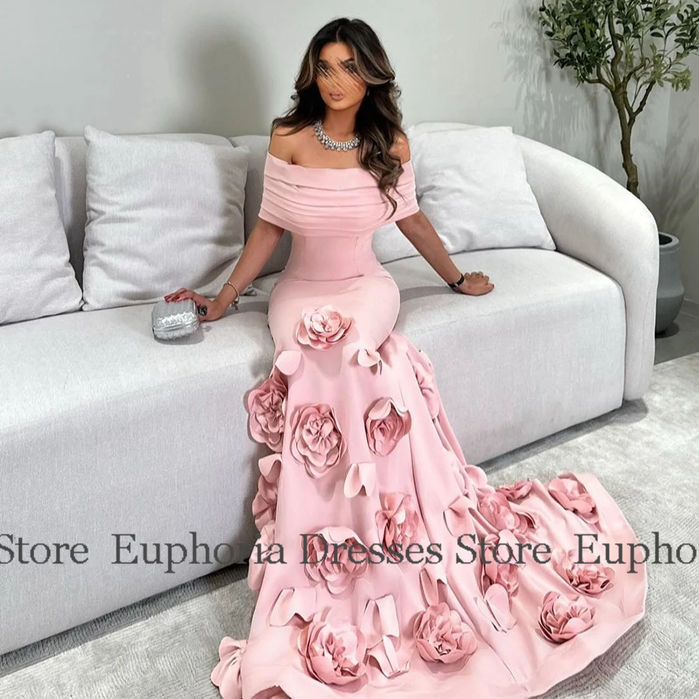 

Exquisite Women's Evening Ball Gowns Crepe Fabric Mermaid Valentine's Day Dress Pink Off-the-shoulder Pleat Applique Prom Dress