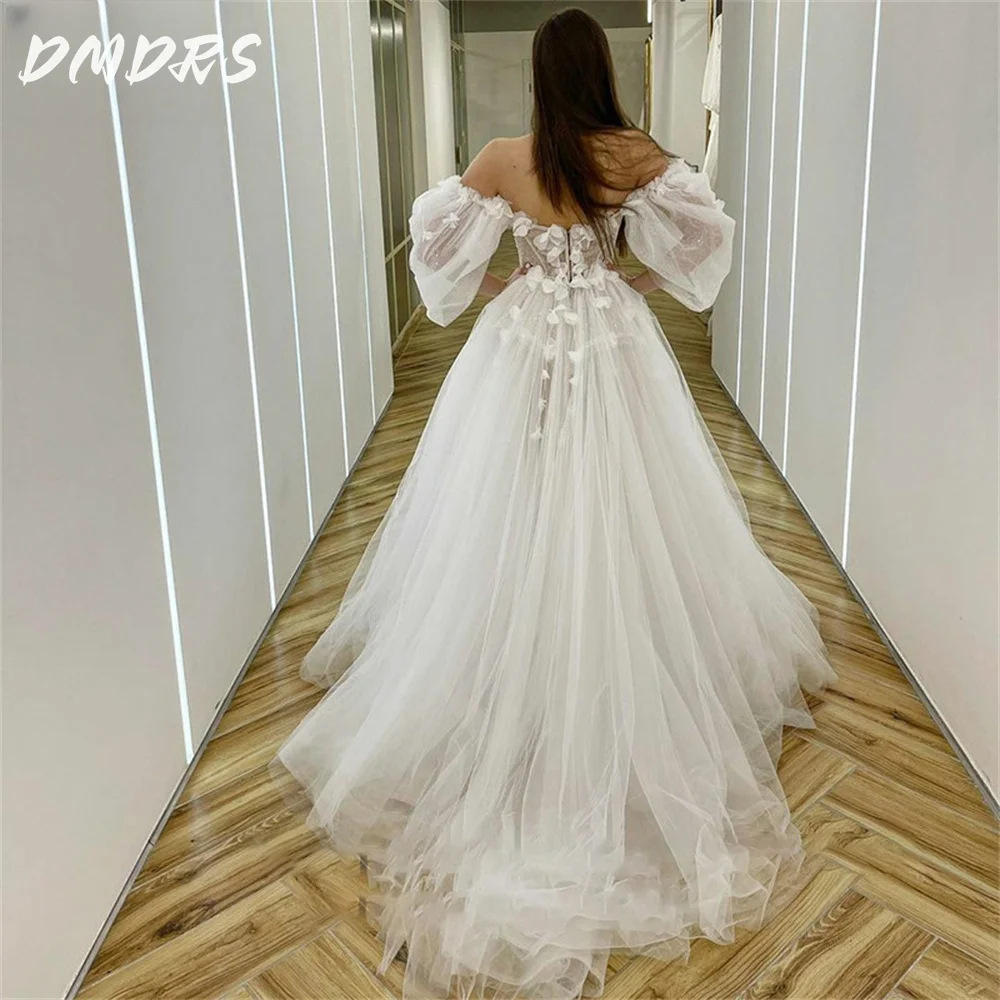 Charming Sweetheart Wedding Dresses Elegant Boho Bride Dresses Popular 3D Flowers Puff Sleeve Elegant Wedding  Vestidos De Novia