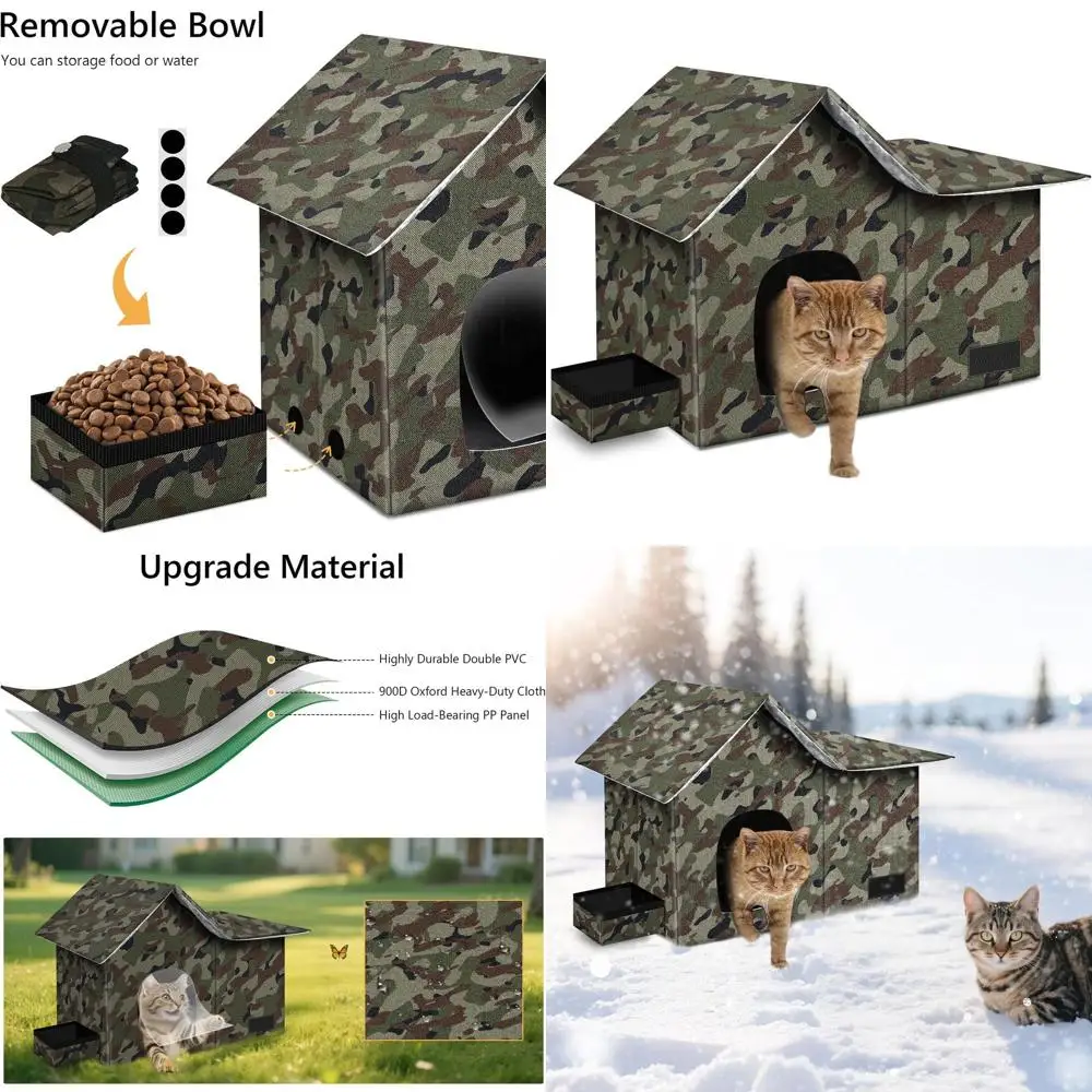 

Всепогодный большой домик для кошек для улицы, складное укрытие со съемным ковриком и миской для бездомных кошек (камуфляж, XL)