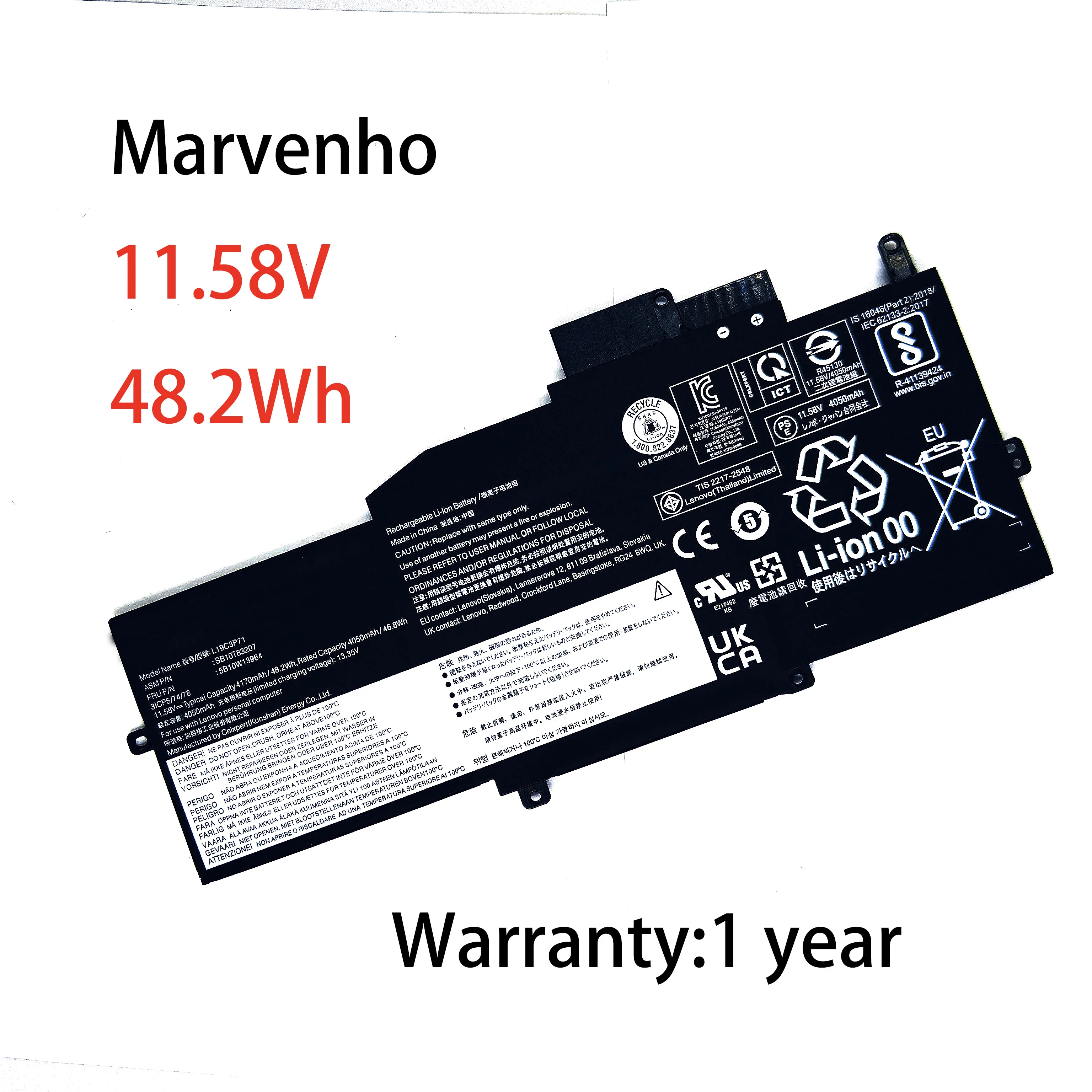 Marvenho New 48.2Wh 11.58V  4170mAh  L19C3P71 L19M3P72 L19M3P73 Laptop Battery for Lenovo ThinkPad X1 Nano Gen 1st Series