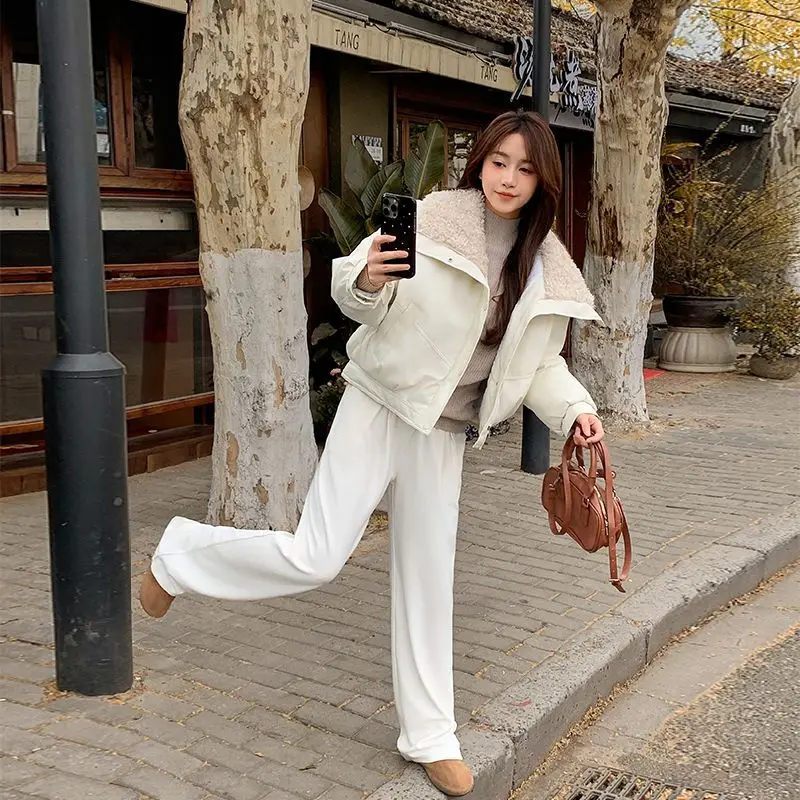 صوف خروف كبير التلبيب يترك في الملابس المبطنة بالقطن المرأة شتاء جديد سميكة الدافئة سترة جلدية جامعية باردة وغير رسمية