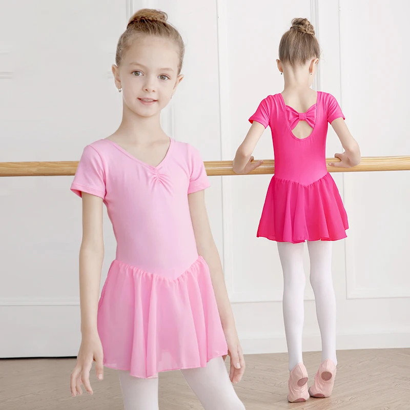 Abito da balletto manica lunga/corta balletto body ragazze bambini cotone Dancewear abito da allenamento Chiffon con gonna body costumi da festa