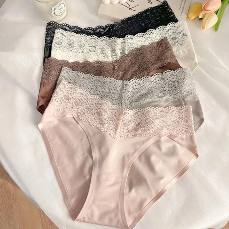 1-5Pcs Sexy Lace Underwear Seamless Ice Silk Women's Cozy Low Rise Panties Satin Stretchy Briefs Soft Comfort Lingerie Underpant