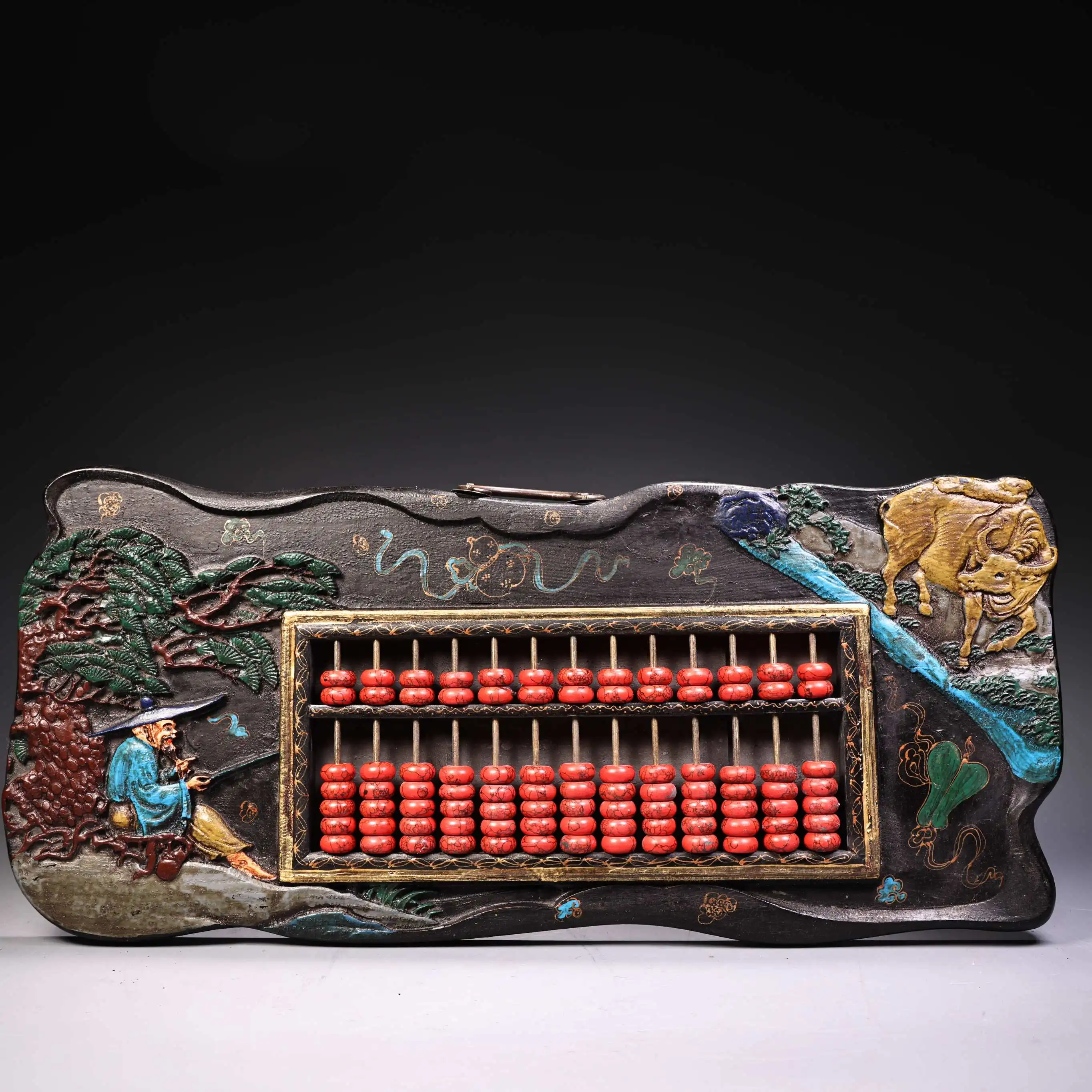 

22"Tibetan Temple Collection Old wooden-bodied lacquerware Turquoise Beads Jiang Taigong Fishing Cow Abacus hanging panel