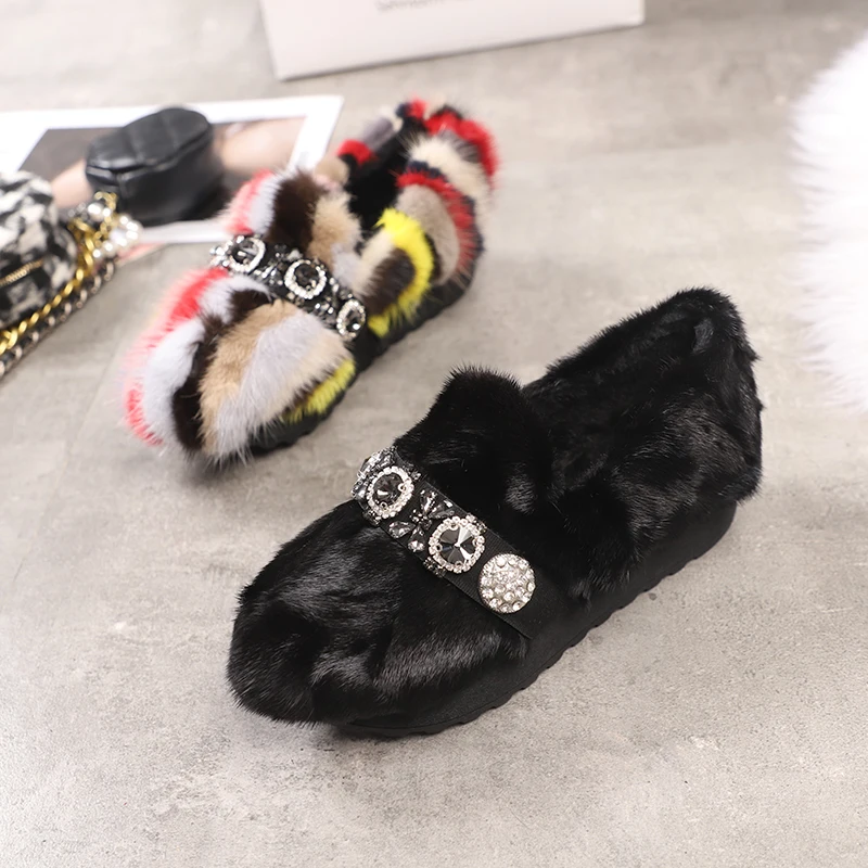 Colorful Mink Fur Women Loafers Casual Thick Sole Moccasins Crystal Winter Snow Platform Shoes Woman Fur Espadrilles Creepers