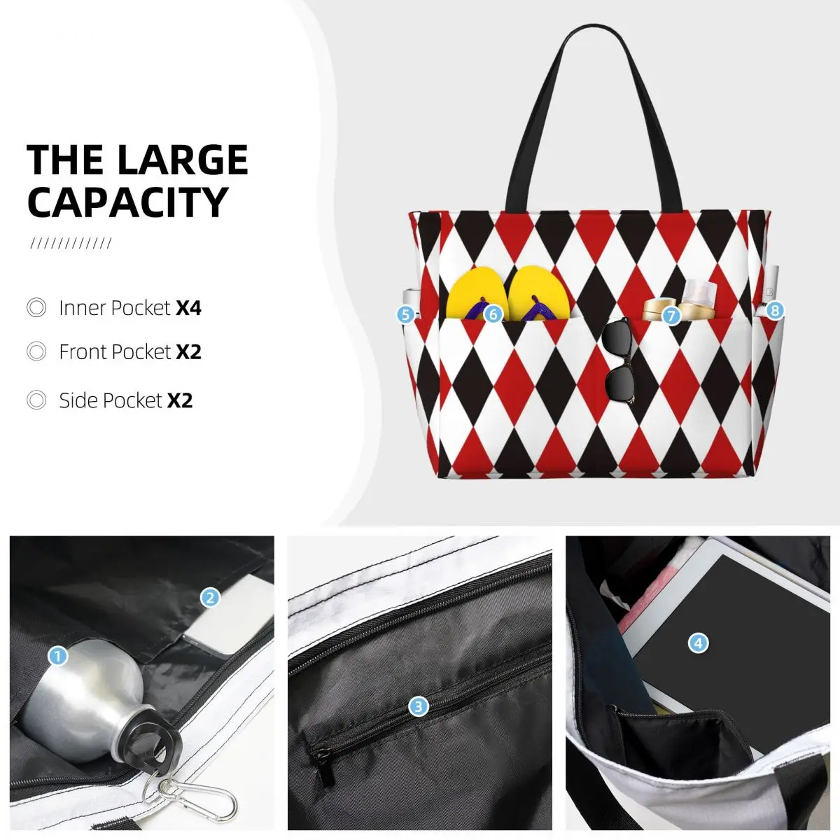 Harlequin Plaid Playing Cards Diamond Beach Tote Bag Sport Gym Yoga Duffle Large Tote Bag Women Travel Bag Fitness bag
