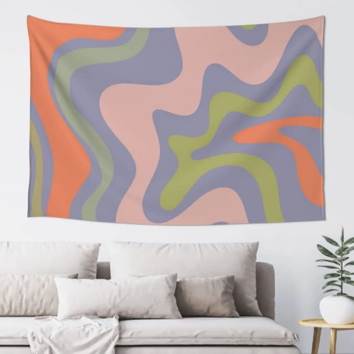 Retro Liquid Swirl Abstract Pattern in Lavender Blue, Celadon, Lime Green, Cantaloupe Orange, and Pale Pink Tapestry