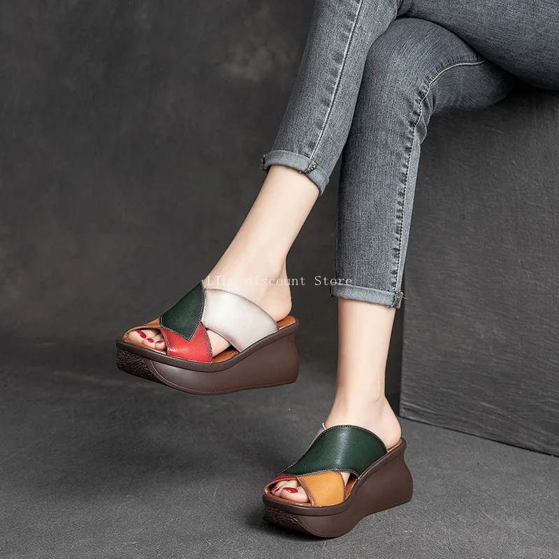 Sponge Cake Thick-soled High Heel Slippers for Women Style Wedge Fish Mouth Woven Fashionable Casual Slippers ，platform Sandals