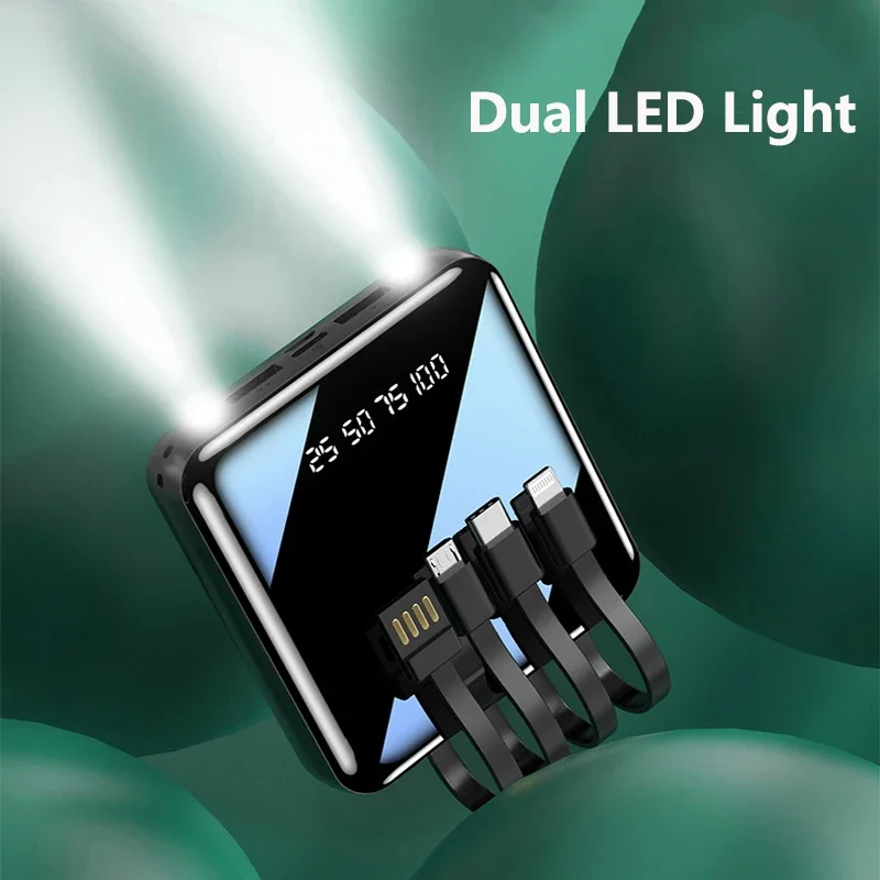 Mini Power Bank 20000mAh Built in Cable Portable Fast Charger Powerbank for iPhone Samsung Huawei Xiaomi External Spare Battery