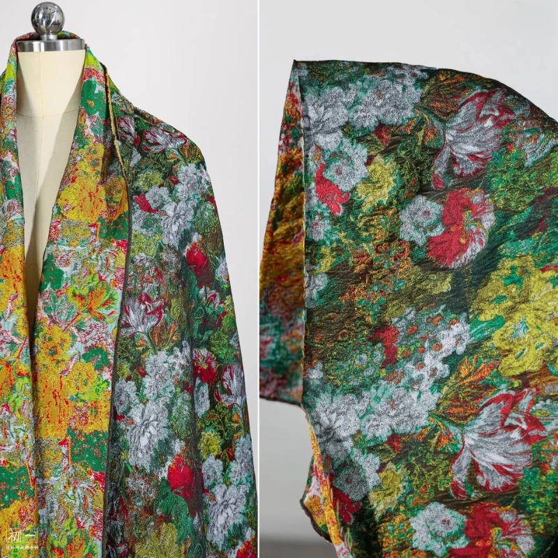 

Jacquard Fabric Handmade Green Oil Painting Florals Vintage Artistic DIY Chinese Style Designer Festive Seasonal Crafts Material