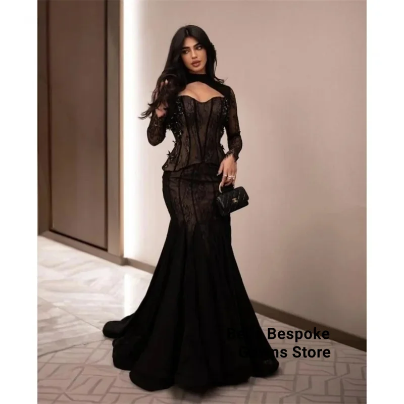 

3D Mini Flowers Lace Prom Dresses Two Piece Detachable Sleeve Sheath Dubai Sexy Court Train Evening Dresses