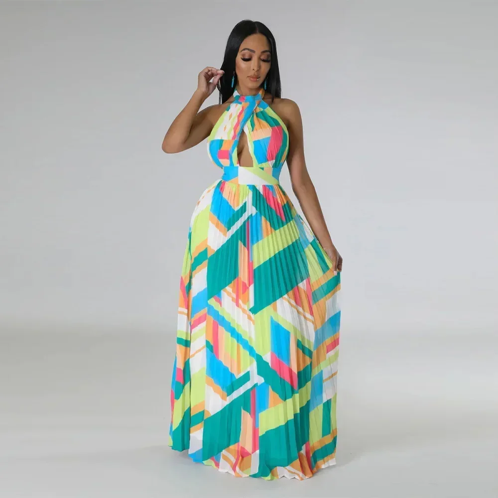 Lady Casual luźna, wiązana na szyi, plisowana sukienka z odkrytymi plecami, damska modny nadruk, bez rękawów, plażowa sukienka Boho, elegancka, długa sukienka na ramiączkach