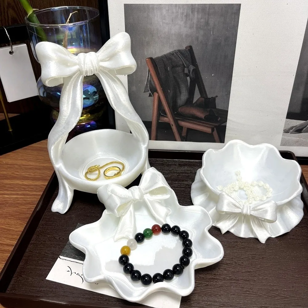 

Elegant 3D Printed Jewelry Tray Decorative Glossy Bow Ribbon Ring Holder Baroque Style Sweet Jewelry Plates