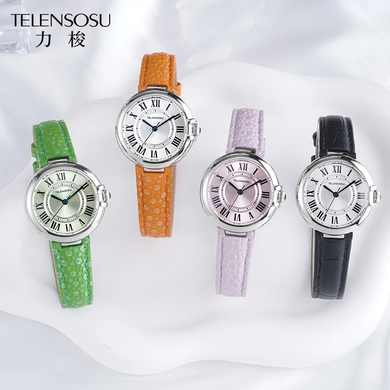 ساعة TELENSOU كوارتز للسيدات بحزام جلدي من الفولاذ المقاوم للصدأ طلاء مضاد للانعكاس منحني من الياقوت الاصطناعي GlassLady's Watch 8801